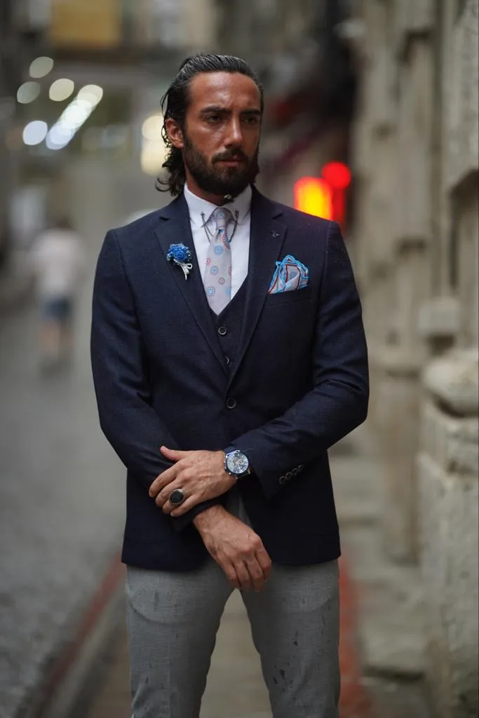 Slim Fit Mono Collar Blazer Jacket -  Dark Blue