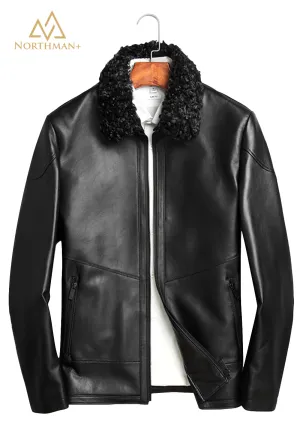 Slim leather jacket with removable shearling collar