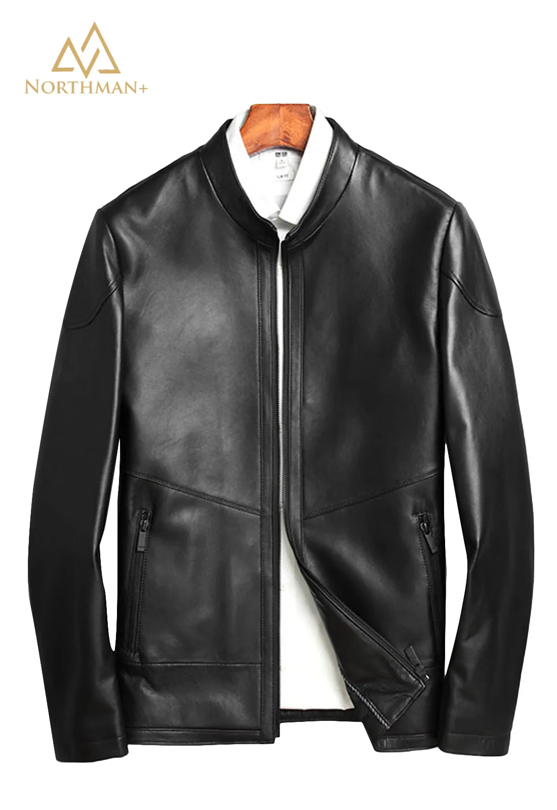 Slim leather jacket with removable shearling collar