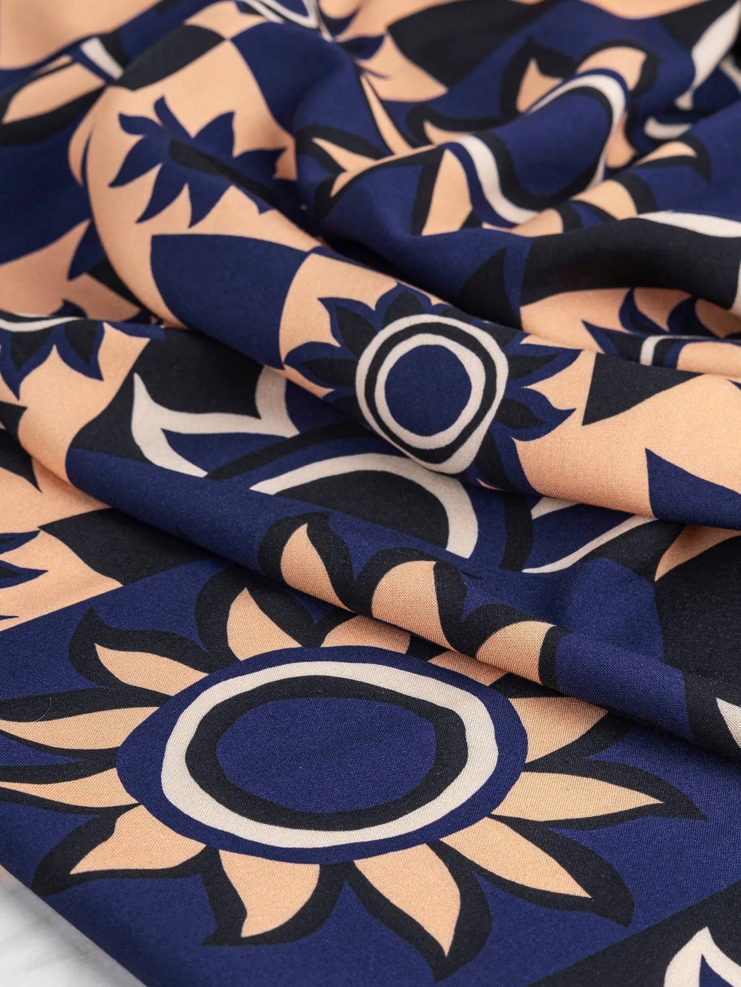 Solar Mosaic Print Ecovero Viscose - Black   Navy   Tan - Swatch