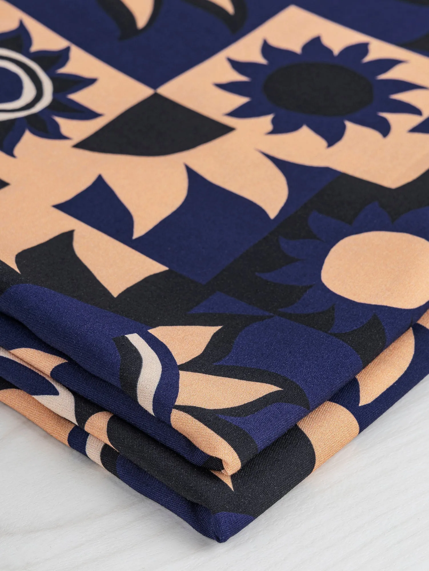 Solar Mosaic Print Ecovero Viscose - Black   Navy   Tan - Swatch