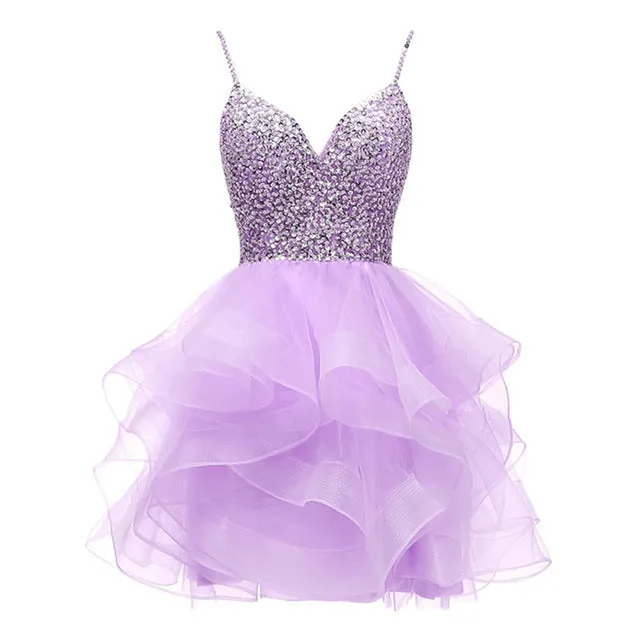 Spaghetti Beaded Short Homecoming Dresses Sequins Crystal Prom Mini Gown