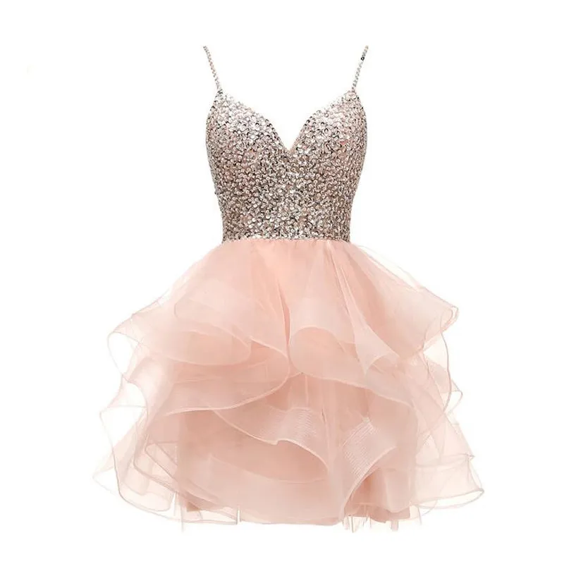 Spaghetti Beaded Short Homecoming Dresses Sequins Crystal Prom Mini Gown