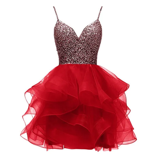 Spaghetti Beaded Short Homecoming Dresses Sequins Crystal Prom Mini Gown