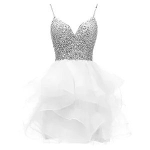 Spaghetti Beaded Short Homecoming Dresses Sequins Crystal Prom Mini Gown