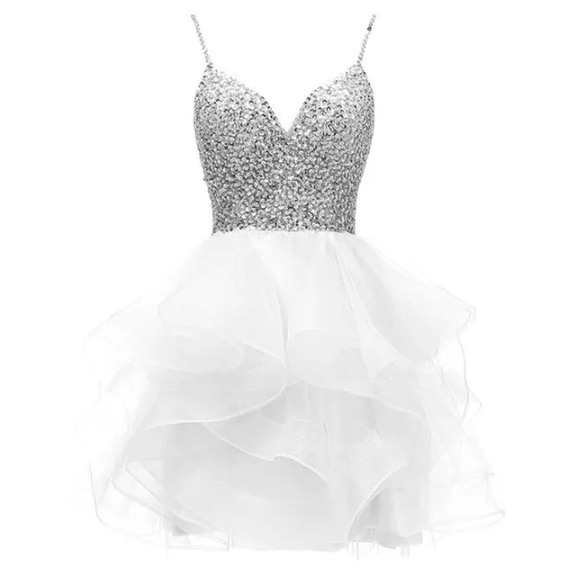Spaghetti Beaded Short Homecoming Dresses Sequins Crystal Prom Mini Gown