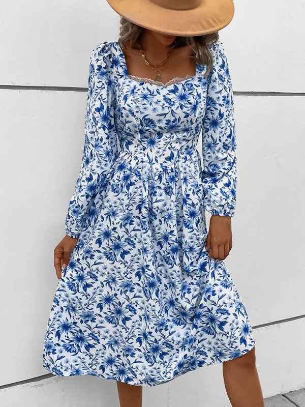 Square Neck Vintage Dress with Floral Print and Puff Sleeves