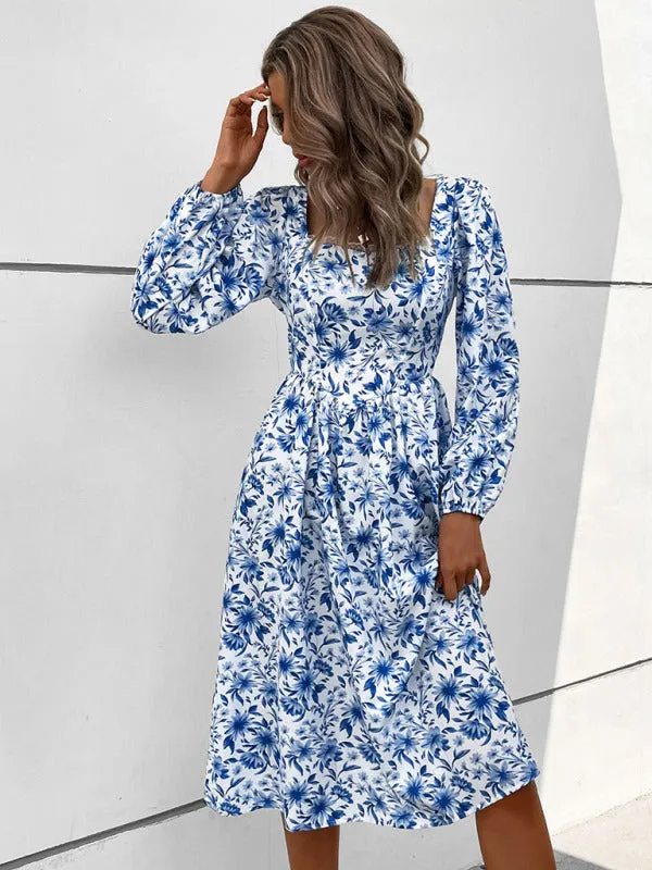 Square Neck Vintage Dress with Floral Print and Puff Sleeves