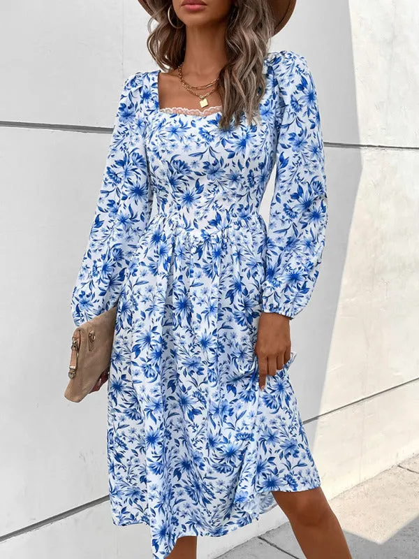 Square Neck Vintage Dress with Floral Print and Puff Sleeves