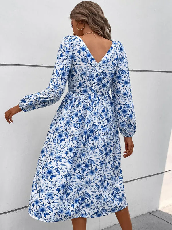 Square Neck Vintage Dress with Floral Print and Puff Sleeves