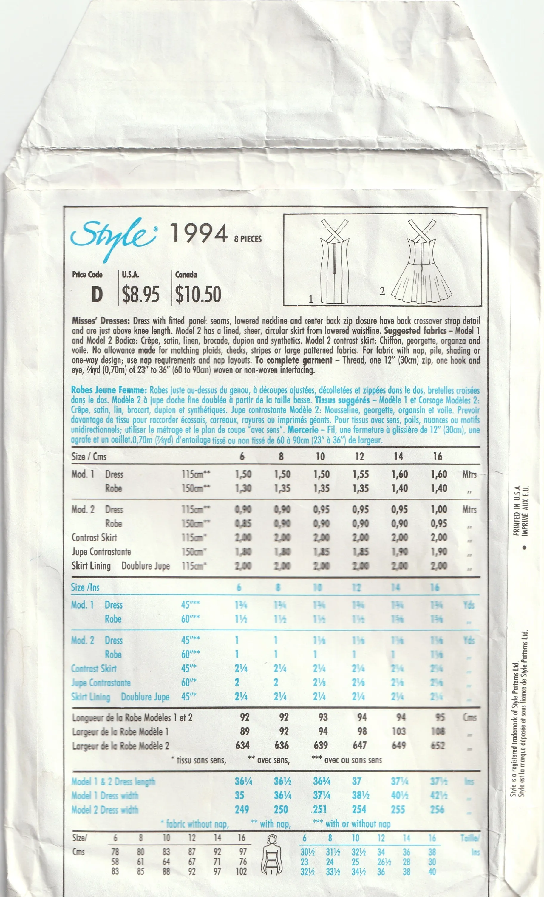 Straight or Flared Strappy Dress - Vintage Pattern - Small - Style 1994 - 1991