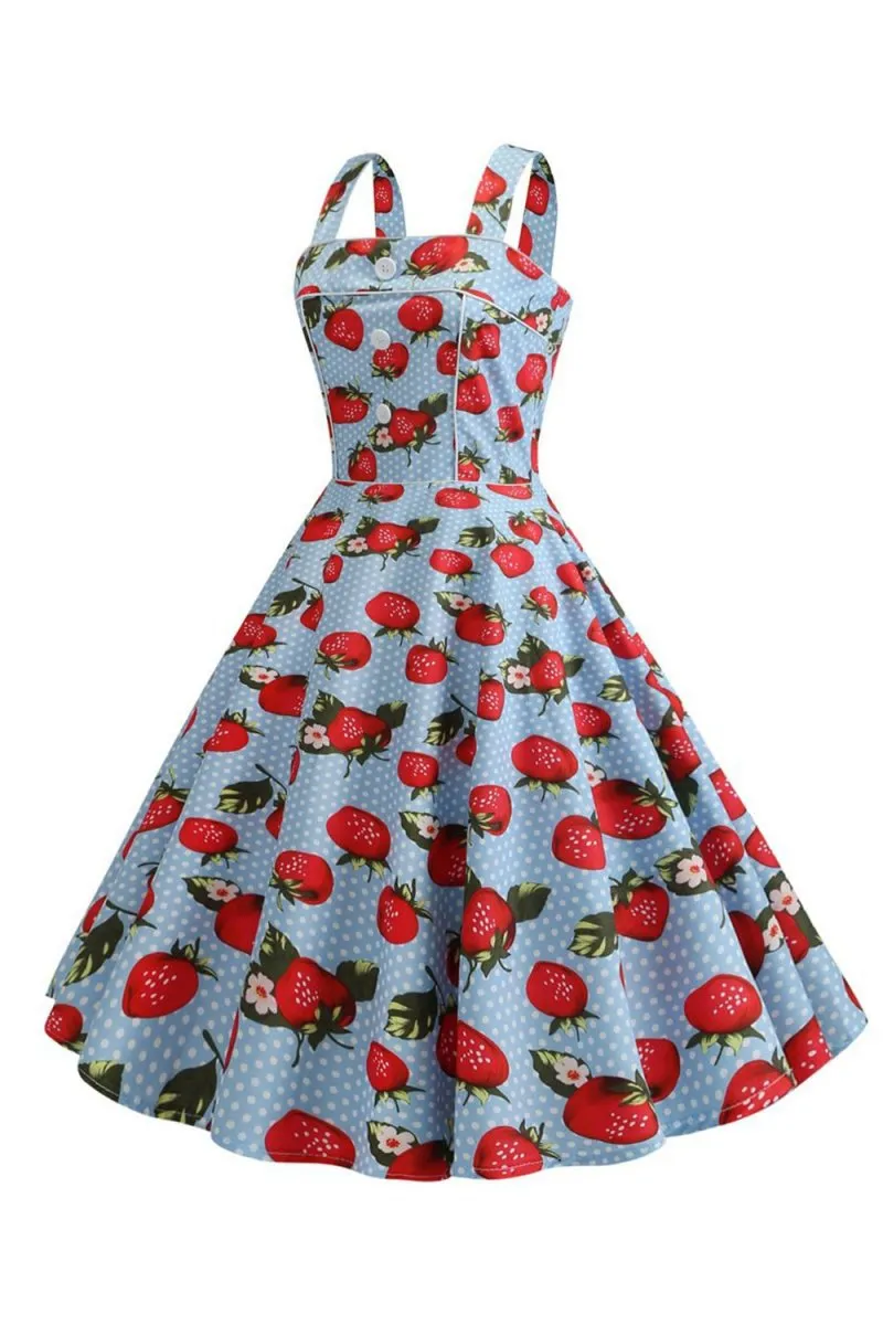 Strawbarries Printed Sleeveless 1950s Dresses