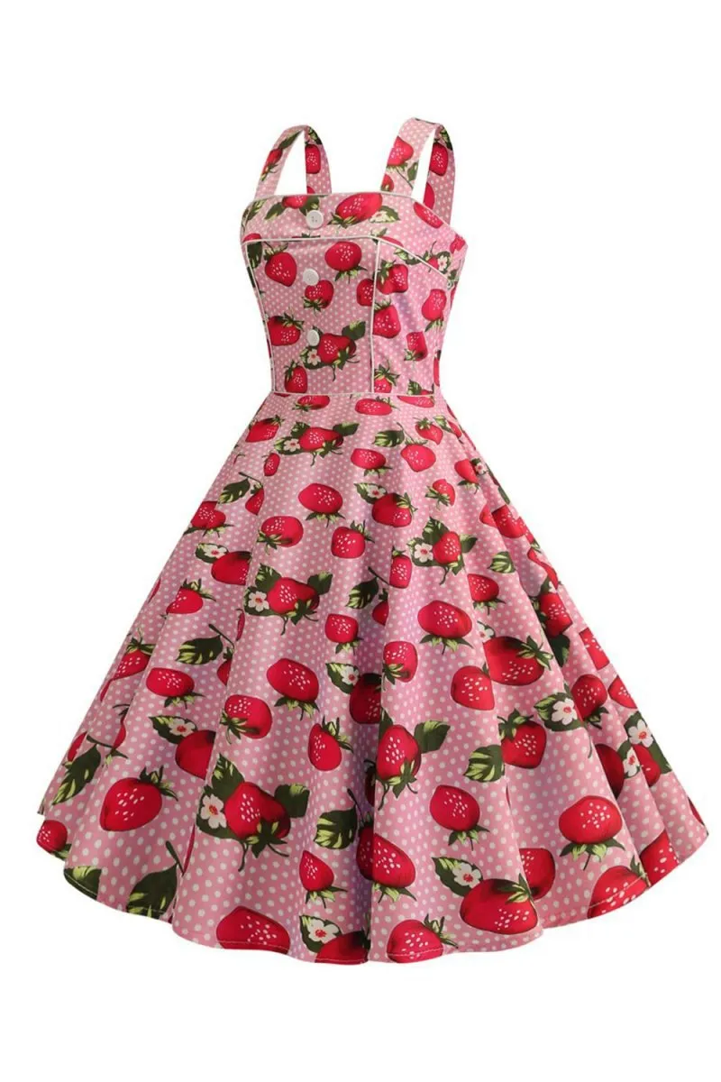 Strawbarries Printed Sleeveless 1950s Dresses