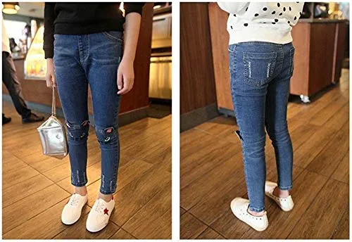 Stretchy Ripped Denim Jeggings for Girls