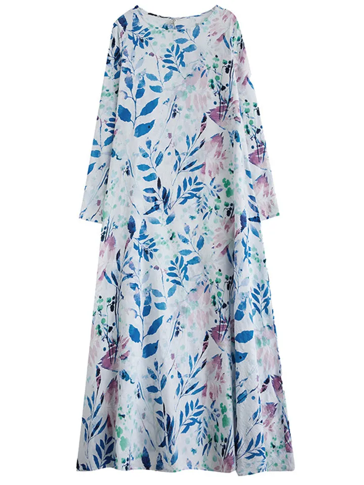 Summer Relaxed All-Over Blue Leaf Print Female Holiday Dress