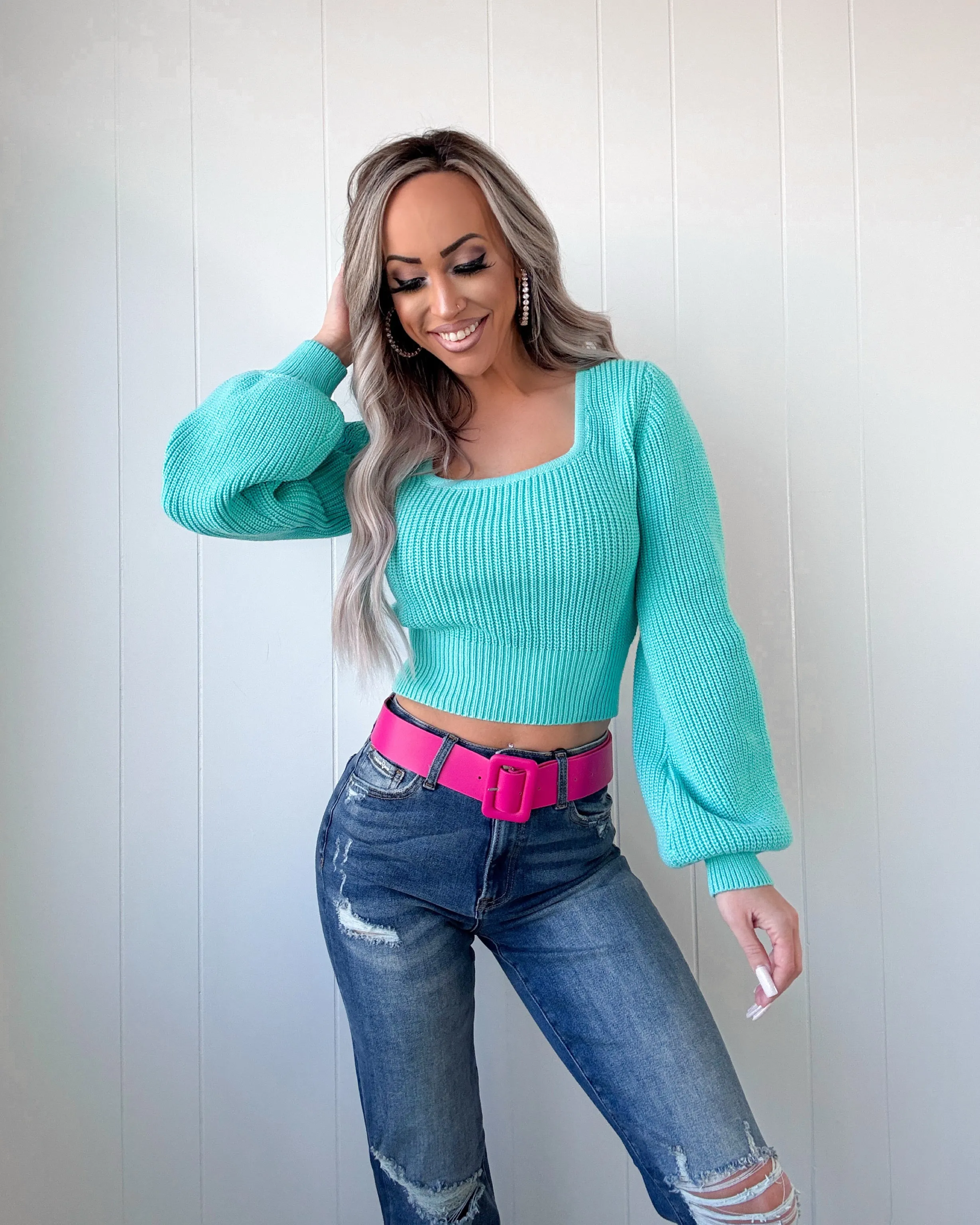 Sweet Magnolia Cropped Square Neck Sweater - Mint