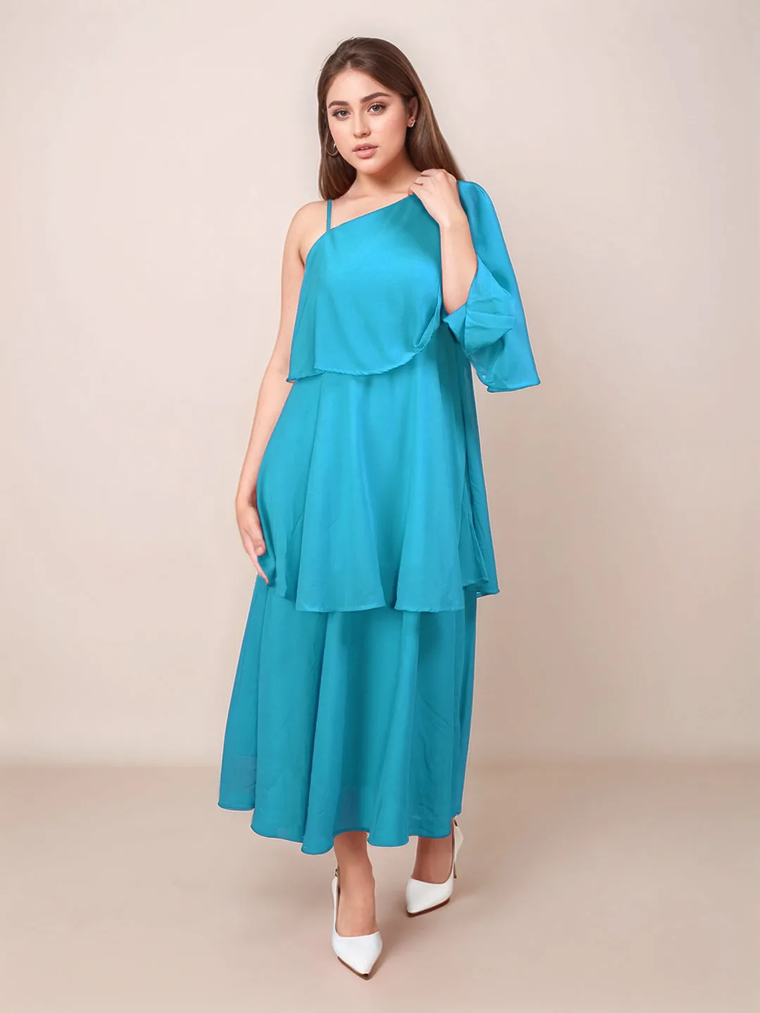 Teal Solid Relaxed Fit Midi Dress