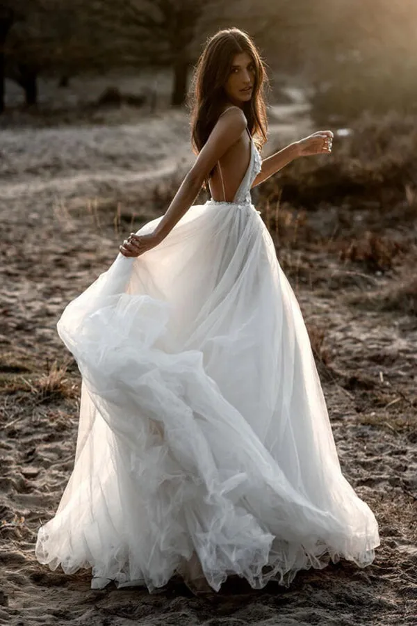 Tulle A-line Deep V-neck Backless Spaghetti Straps Wedding Dresses, MW678