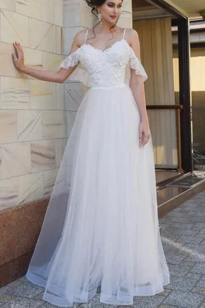 Tulle A-line Spaghetti Straps Off-the-Shoulder Lace Top Wedding Dresses, SW555