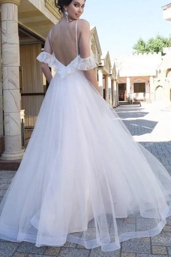Tulle A-line Spaghetti Straps Off-the-Shoulder Lace Top Wedding Dresses, SW555
