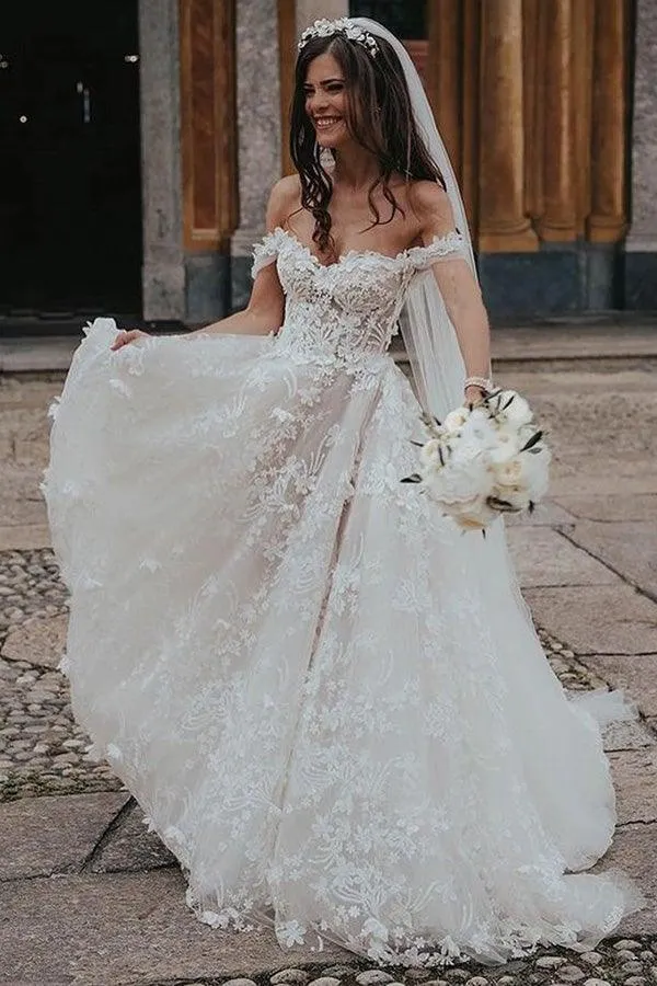 Tulle Ball Gown Off-the-Shoulder Lace Appliques Wedding Dresses, SW627