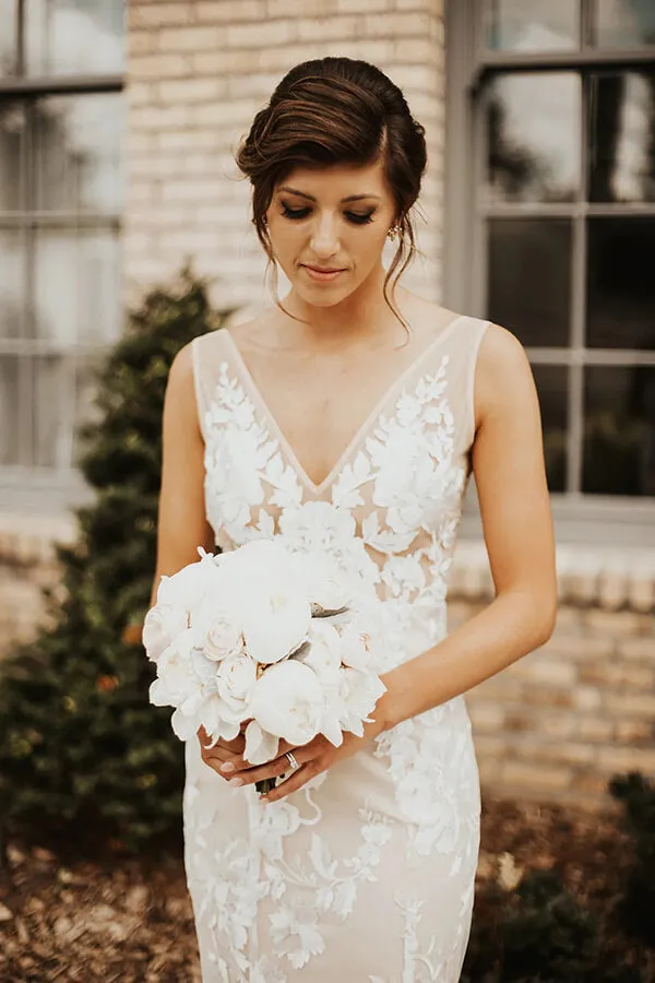 Tulle Lace Mermaid Deep V-neck Wedding Dresses With Court Train, SW668
