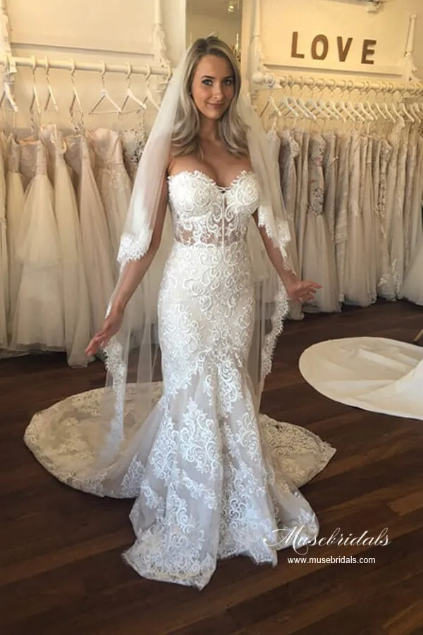 Tulle Mermaid Sweetheart Vintage Wedding Dresses With Lace Appliques, MW1053