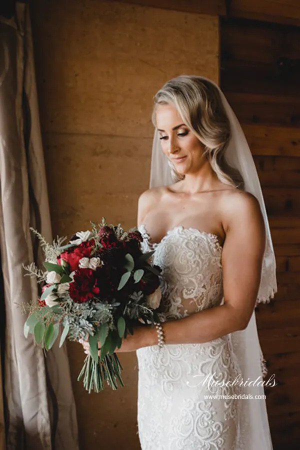 Tulle Mermaid Sweetheart Vintage Wedding Dresses With Lace Appliques, MW1053