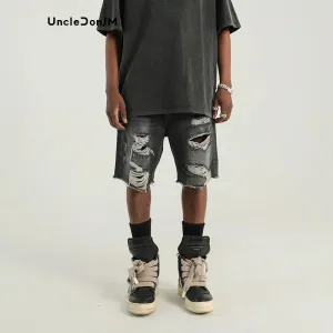 UncleDonJM Black Raw Edge Ripped Denim Shorts