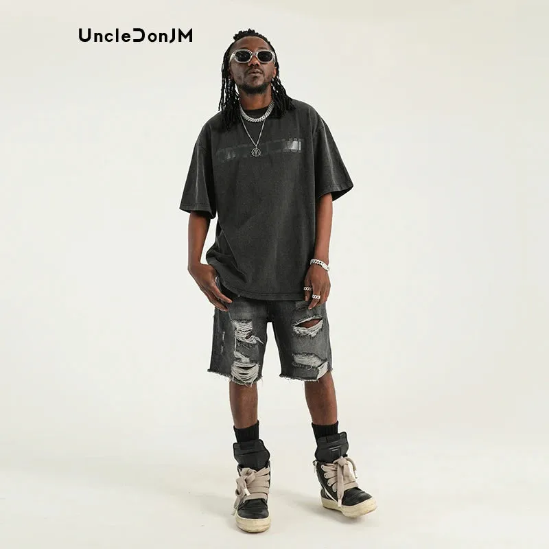 UncleDonJM Black Raw Edge Ripped Denim Shorts