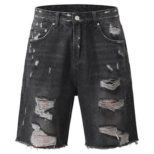 UncleDonJM Black Raw Edge Ripped Denim Shorts