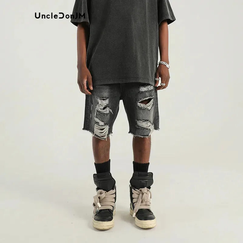 UncleDonJM Black Raw Edge Ripped Denim Shorts