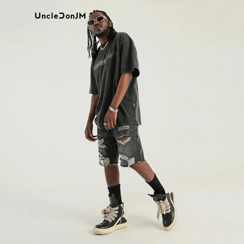 UncleDonJM Black Raw Edge Ripped Denim Shorts
