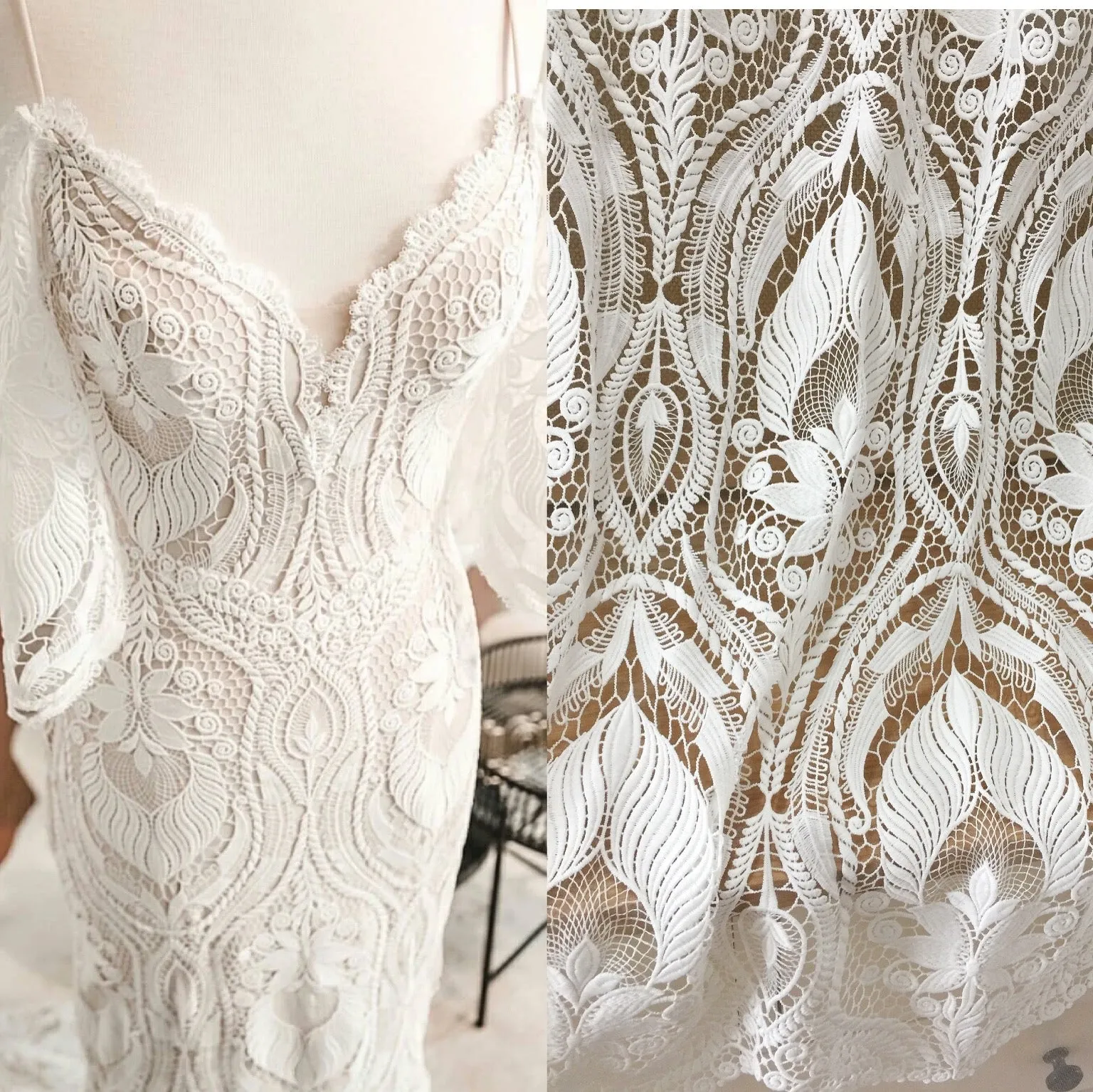 Unique Lace Fitted Wedding Dress Mermaid Detachable Off The Shoulder Flutter Sleeves Sexy Bridal Gowns for Women