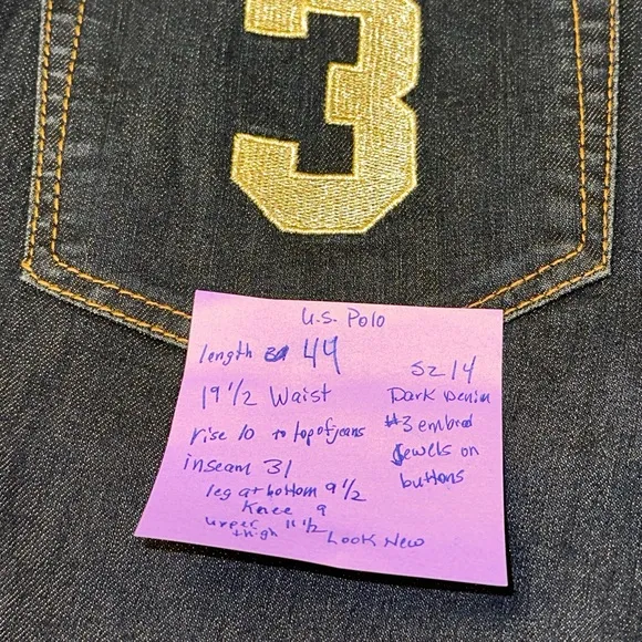 U.S Polo Assn dark denim gold embroidered polo player &amp; 3 on back pockets sz 14