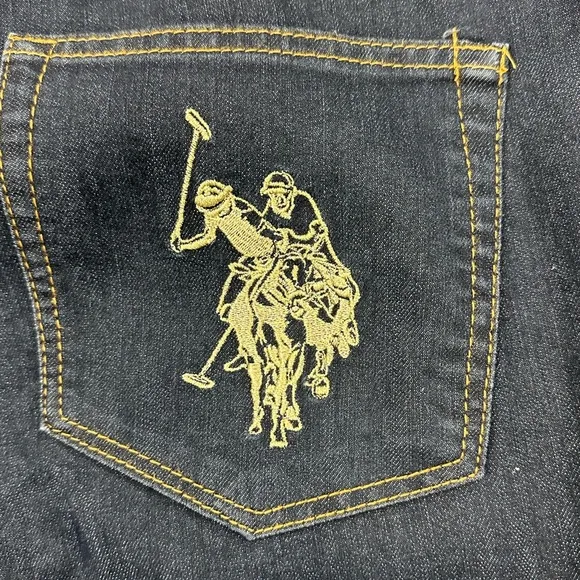 U.S Polo Assn dark denim gold embroidered polo player &amp; 3 on back pockets sz 14