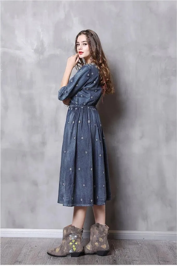 V-Neck A-Line Vintage Embroidery Denim Dress