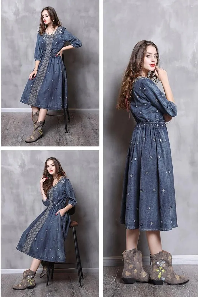 V-Neck A-Line Vintage Embroidery Denim Dress