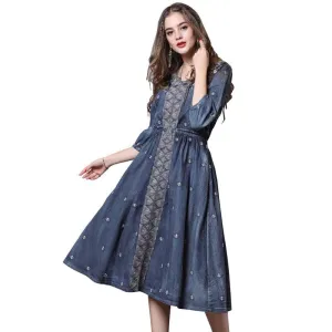 V-Neck A-Line Vintage Embroidery Denim Dress