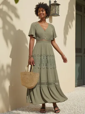 V Neck Crochet Detail Maxi Sun Dress