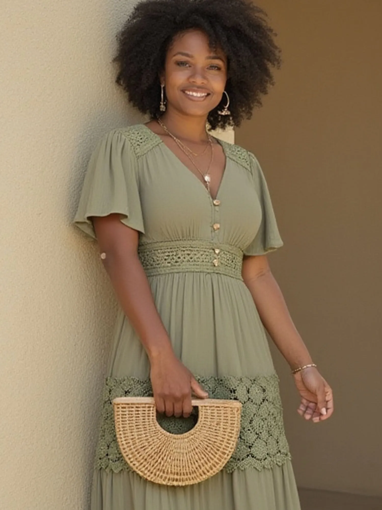 V Neck Crochet Detail Maxi Sun Dress