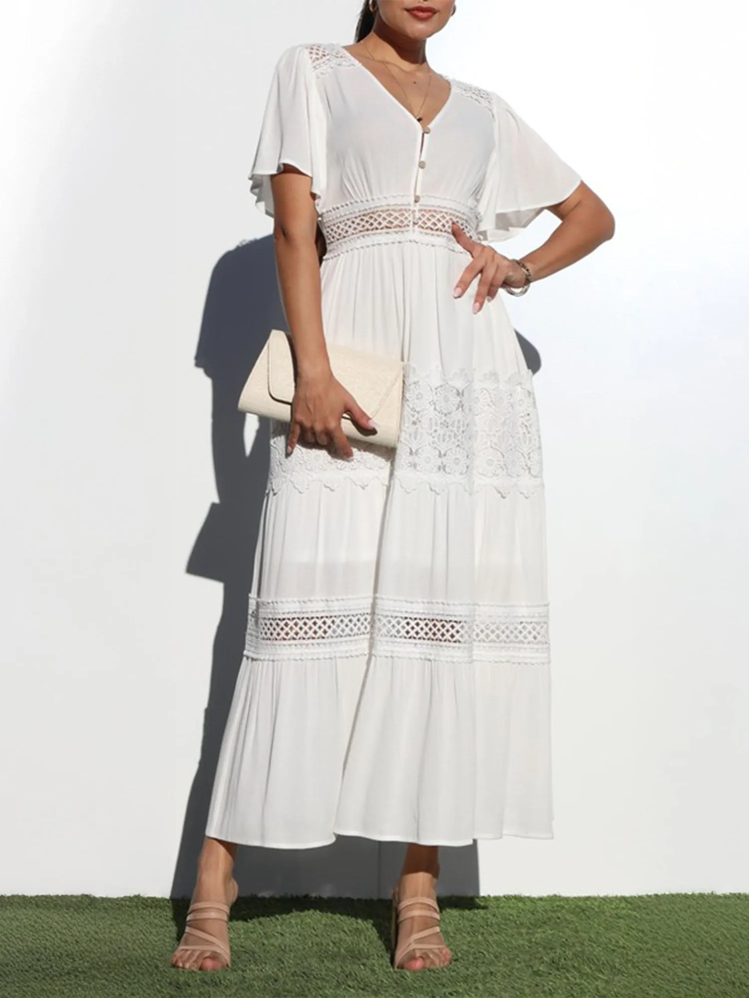 V Neck Crochet Detail Maxi Sun Dress