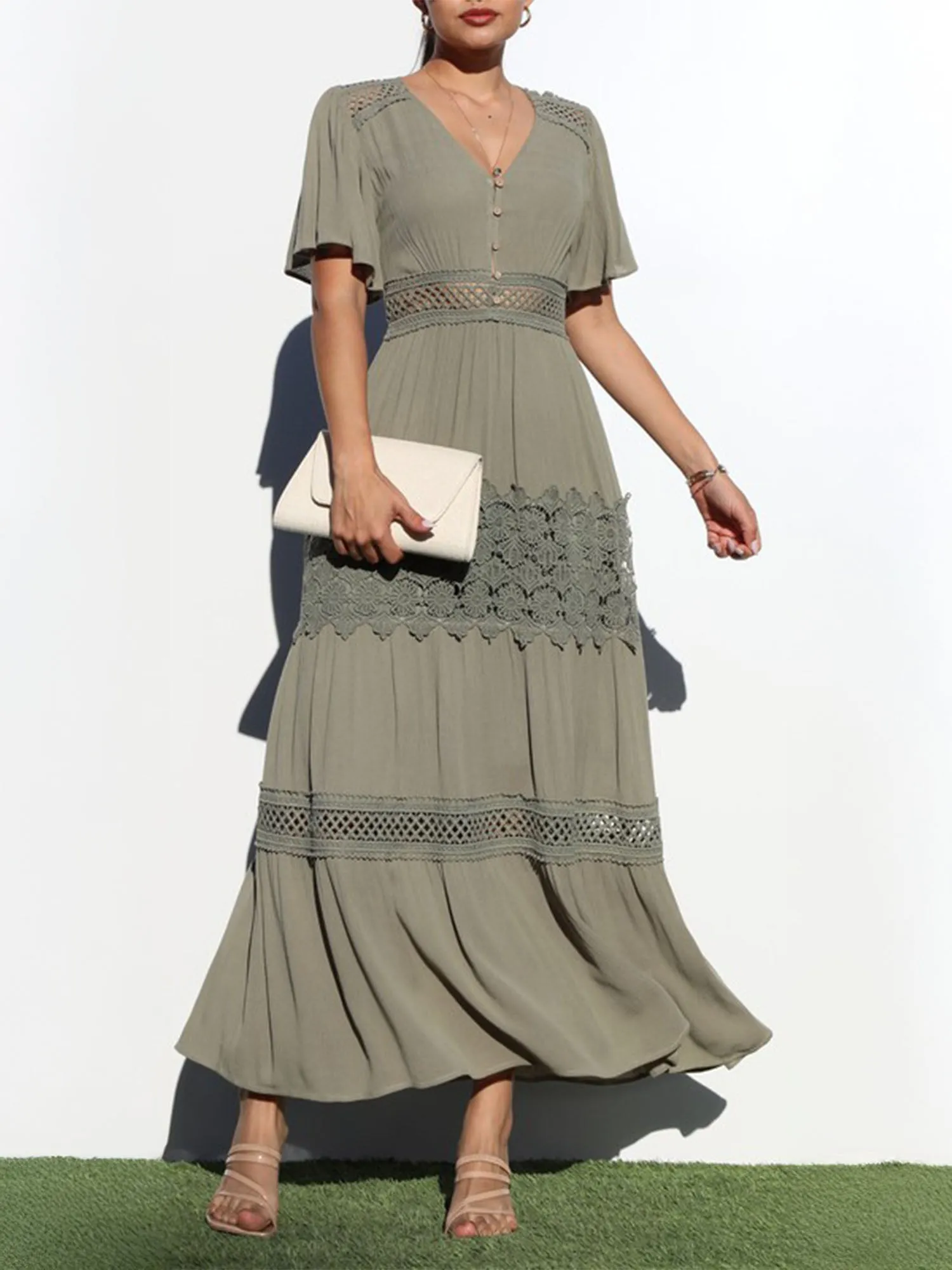 V Neck Crochet Detail Maxi Sun Dress