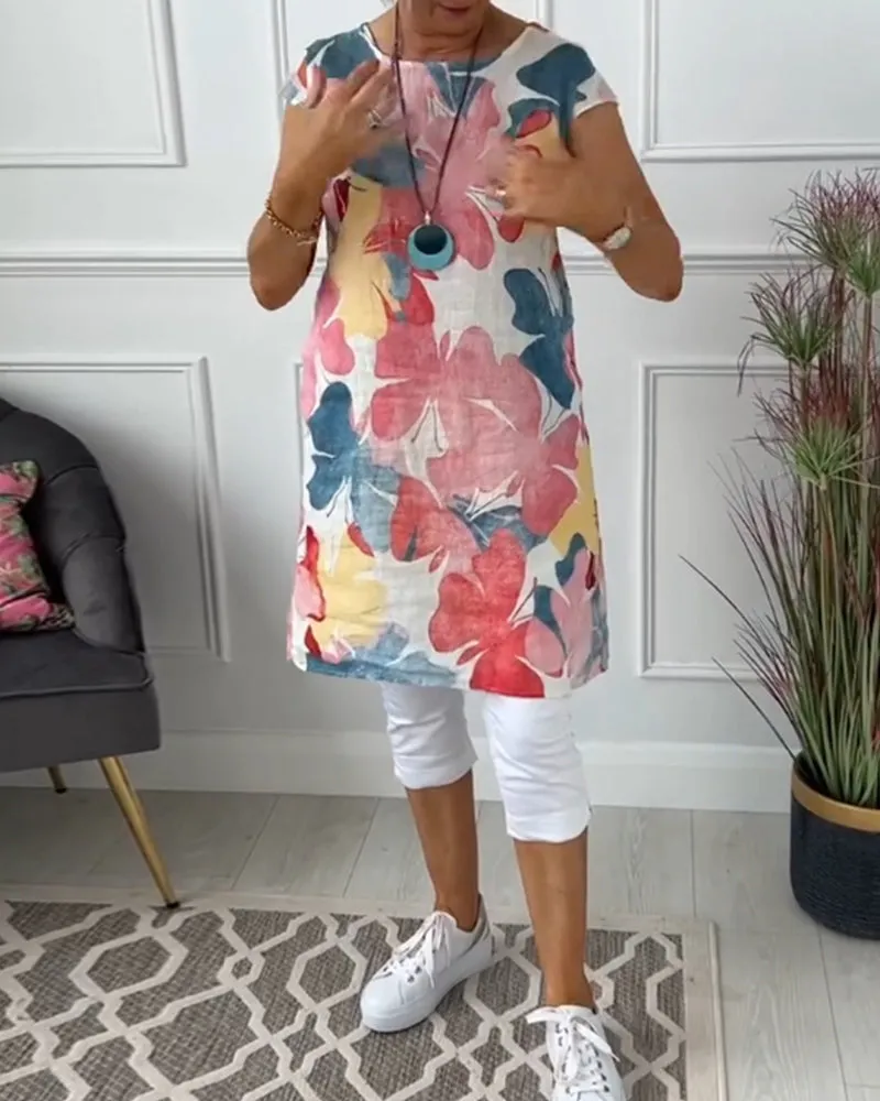 Valeria® | Multicolored Relaxed Long Floral Top