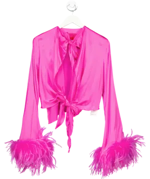 Verguenza Pink Silk Tie-front Feather Cuff Top UK XS/S