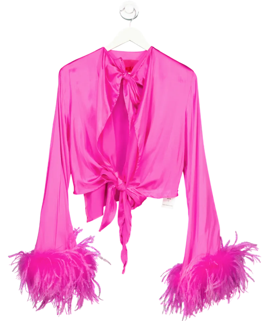 Verguenza Pink Silk Tie-front Feather Cuff Top UK XS/S