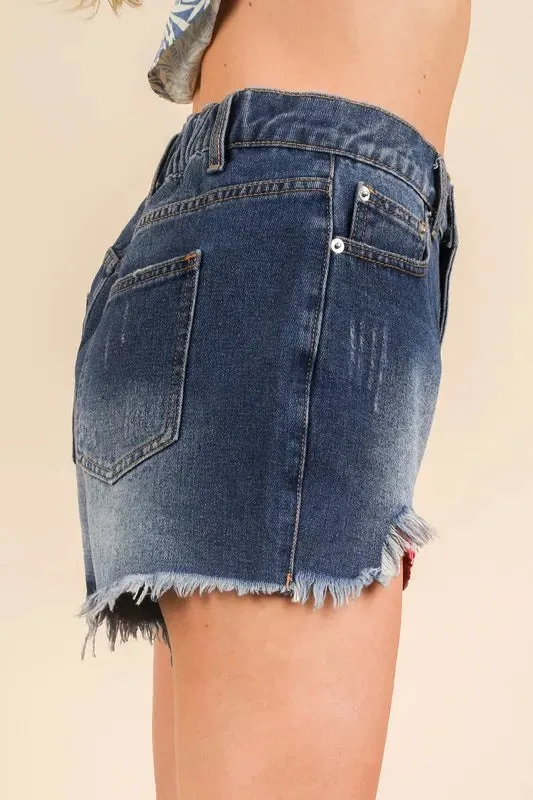 VERY J Raw Hem Pocketed Contrast Washed Denim Shorts