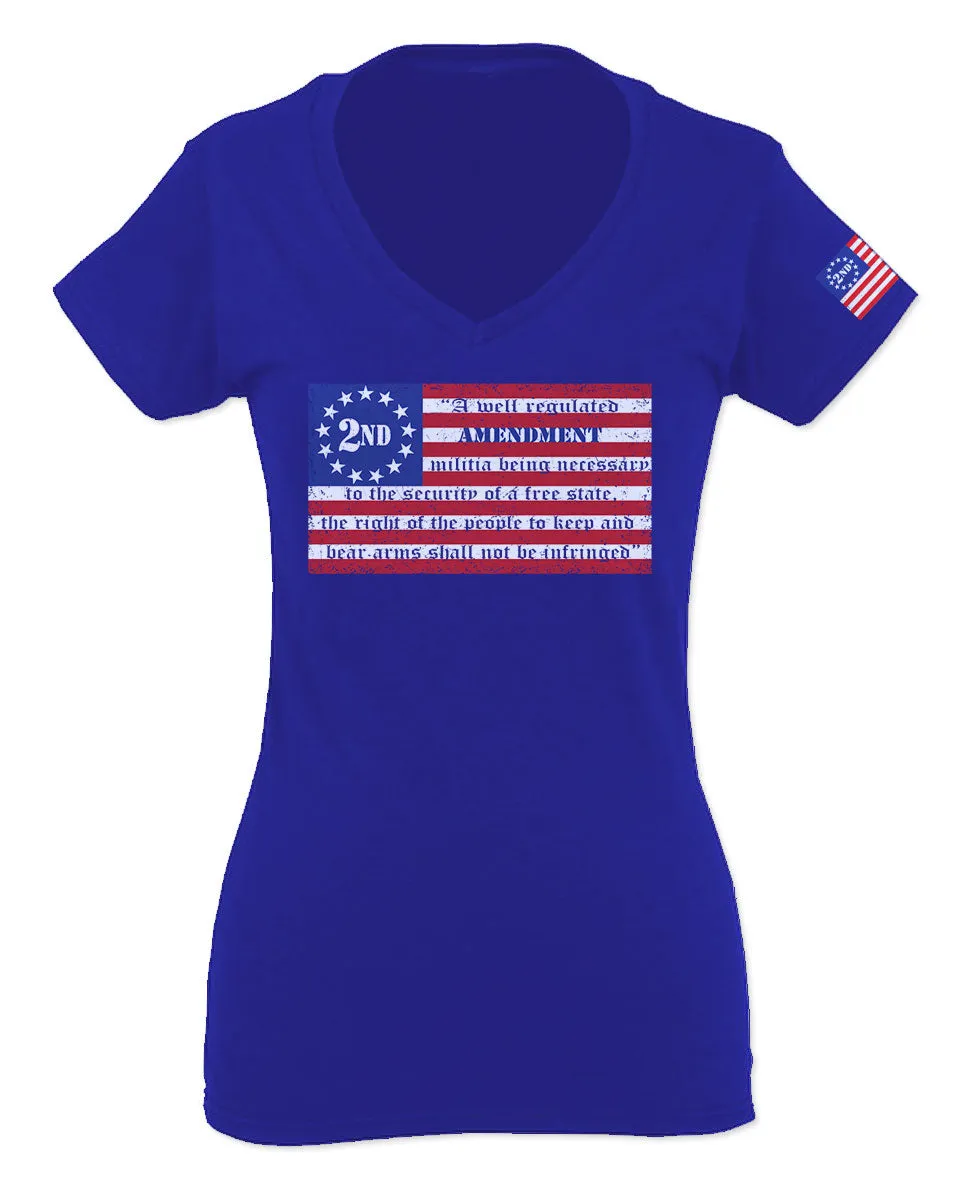 VICES AND VIRTUESS 2nd Amendment 1776 George Washington Flag American USA Guns Control For Women V neck fitted T Shirt