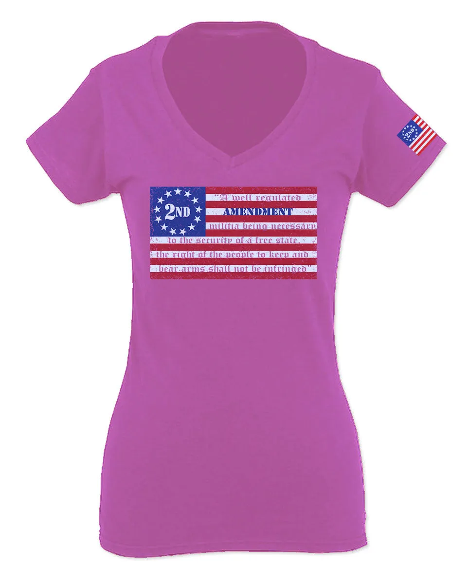VICES AND VIRTUESS 2nd Amendment 1776 George Washington Flag American USA Guns Control For Women V neck fitted T Shirt