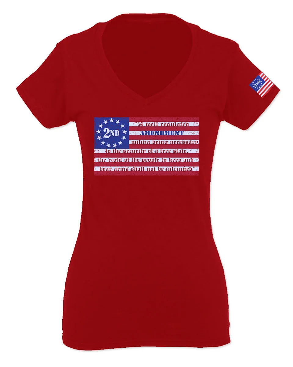 VICES AND VIRTUESS 2nd Amendment 1776 George Washington Flag American USA Guns Control For Women V neck fitted T Shirt